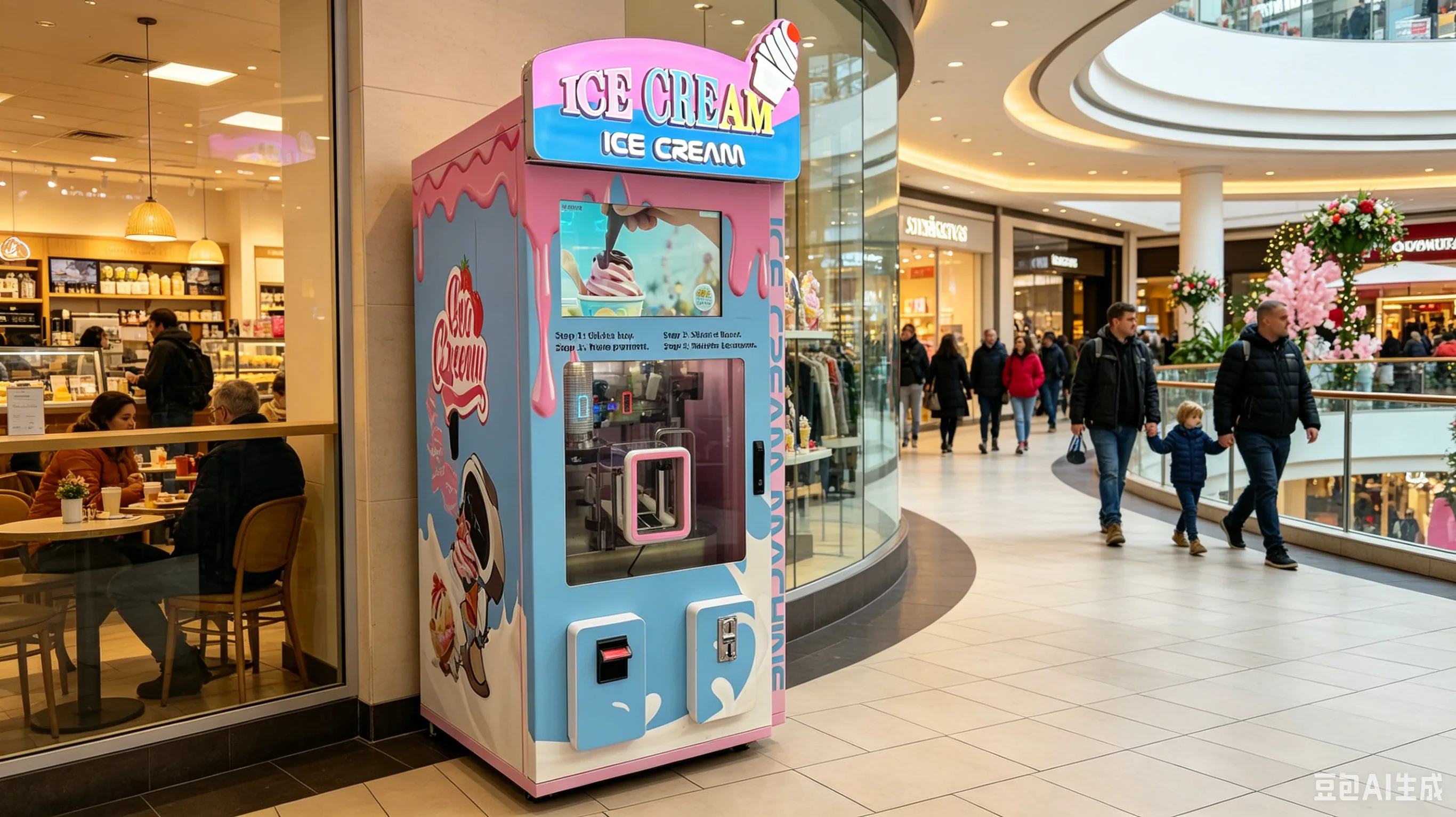 Ice cream vending machine in a busy retail mall